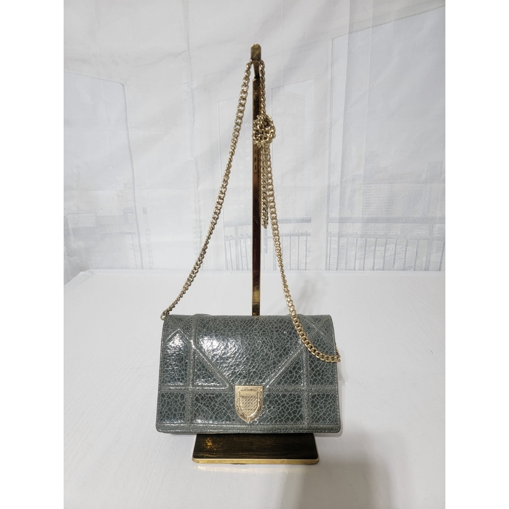 CHRISTIAN DIOR Metallic Brushed Calfskin Diorama Wallet on Chain Sage Gre...